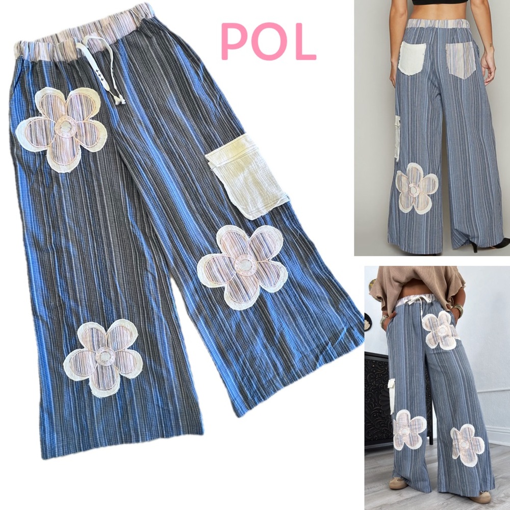 POL Woven Lightweight Pant Elastic Drawstring Waist Wide Leg Pants Pockets Med